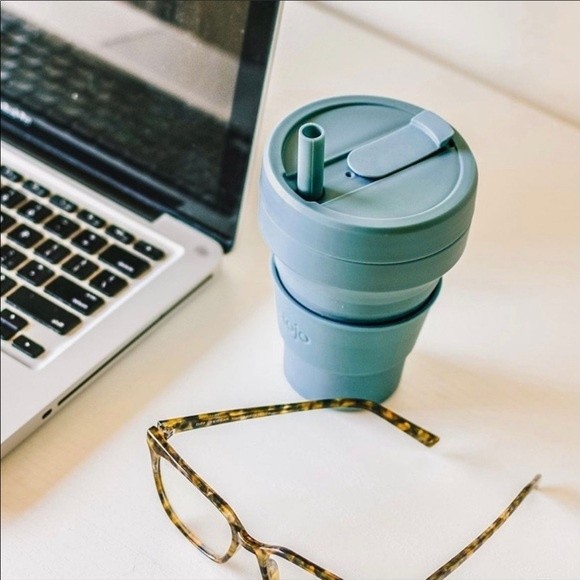 NEW Stojo 16 oz Collapsible Cup Aqua Blue Teal Dishwasher Safe Silicone - Picture 4 of 9
